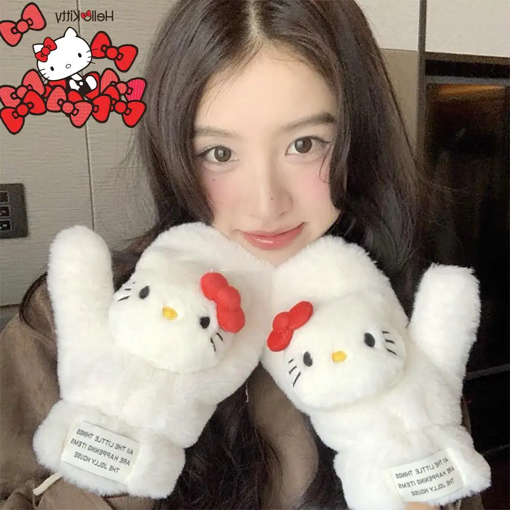 

Sanrios Hello Kitty зимние плюшевые перчатки Kawaii мультфильм теплая утолщенная 3D кукла Холтер шеи девушка студент милый праздничный подарок на открытом воздухе
