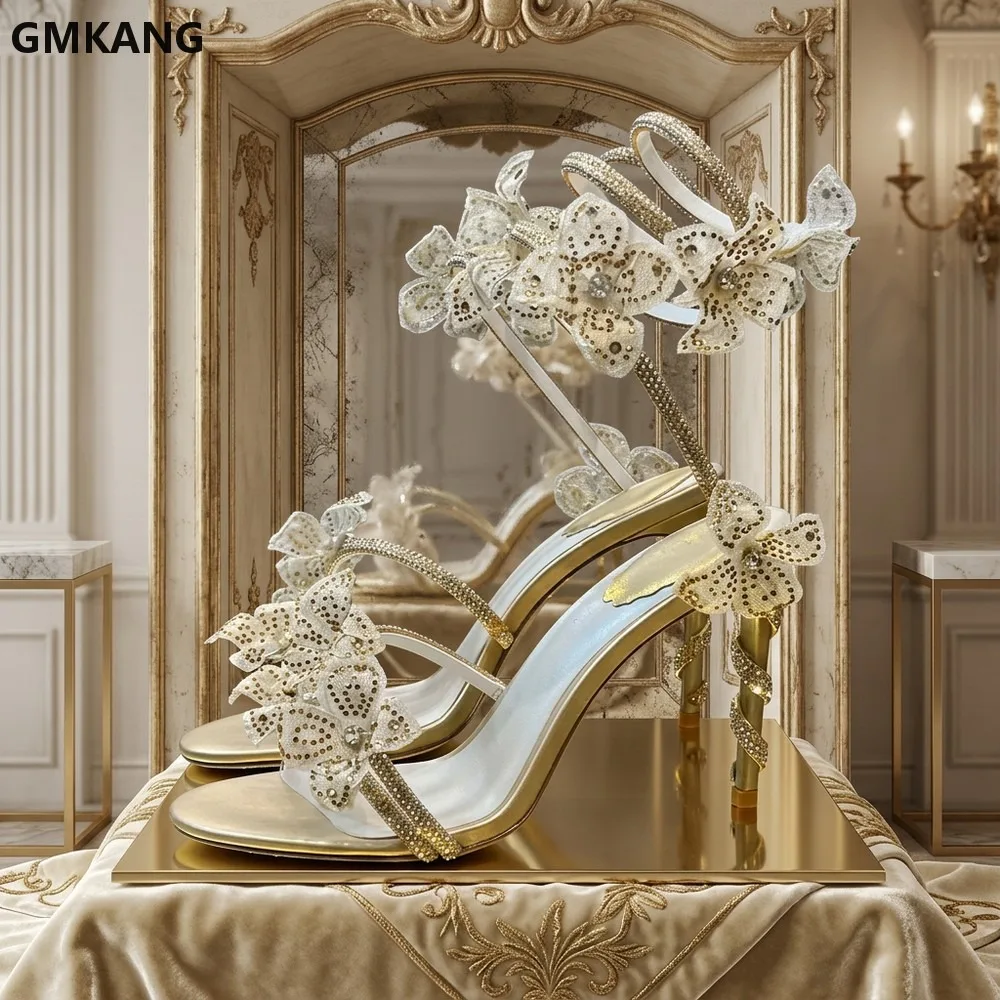 GMKANG Women Crystal Flower High Heel Sandals Ankle Wrap Stiletto Gladiator Shoes Summer Wedding Party Dressy Bling