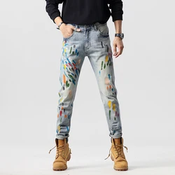 Light luxury fashion brand graffiti men's jeans high-end trend slim straight trousers retro personality casual jeans