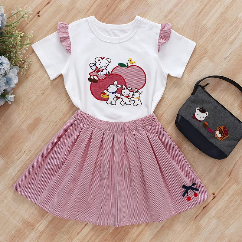 Japanese Summer  Girls\' Dress Sets Cartoon  Bear Rabbit Embroidery Short Sleeve T-shirt Short Skirt Set Baby Girl Clothes Ropa