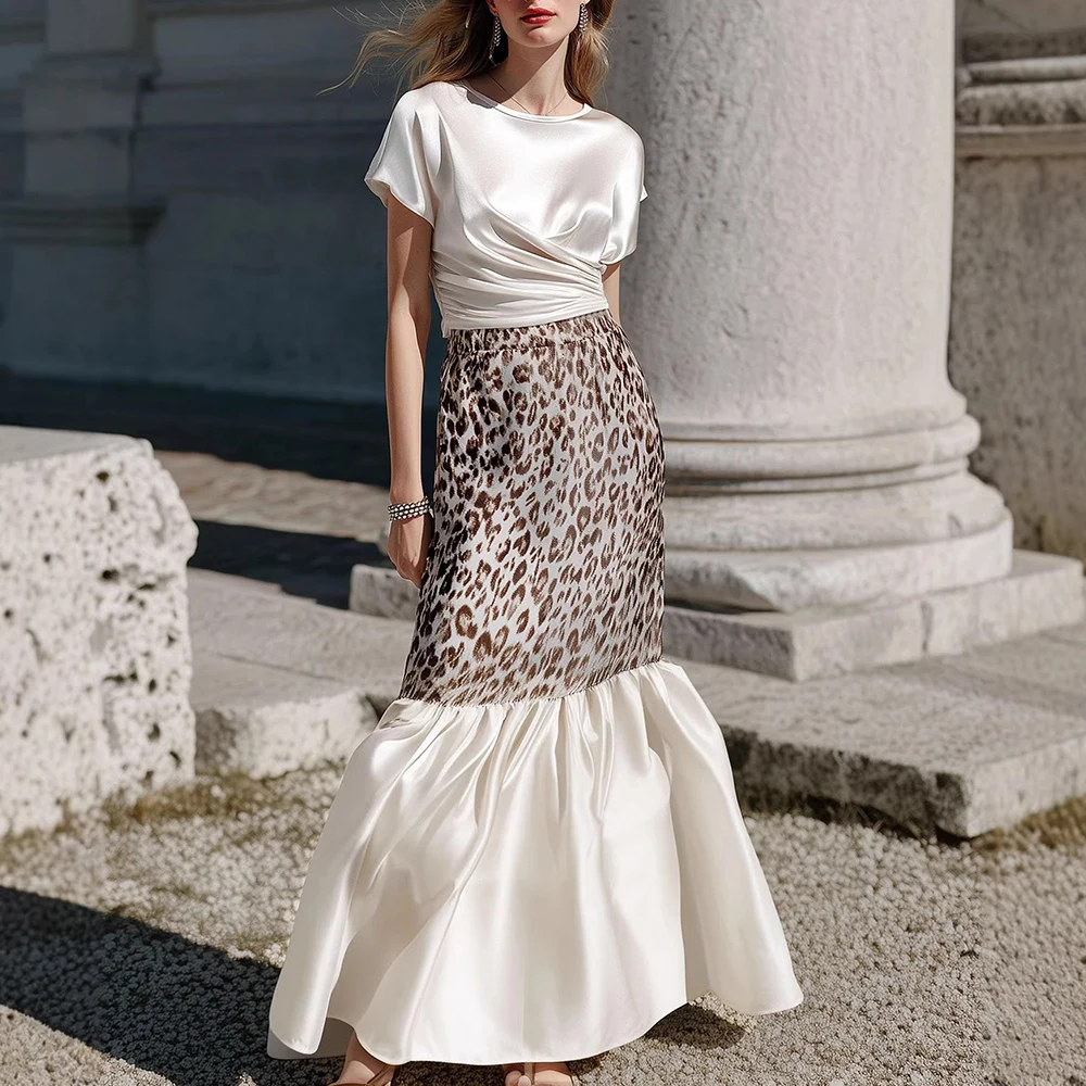 

Women Elegant Satin 2 Piece Skirt Outfit Short Sleeve Ruched Crop Top Slim Fit Leopard Print Mermaid Maxi Skirt Office Chic Sets