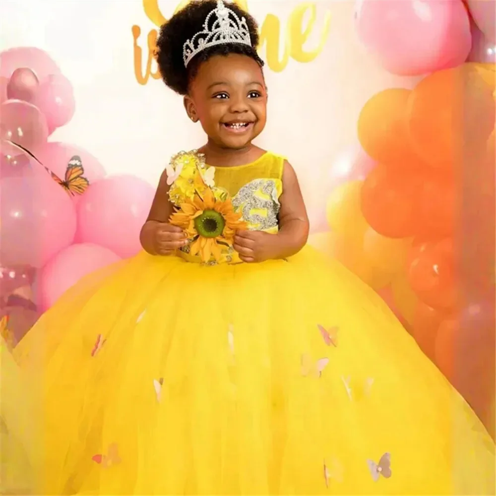 Robe de demoiselle d'honneur pour mariage, sans manches, en Tulle appliqué, à plusieurs niveaux, pour fête d'anniversaire pour enfants, robe de bal de première Communion personnalisée