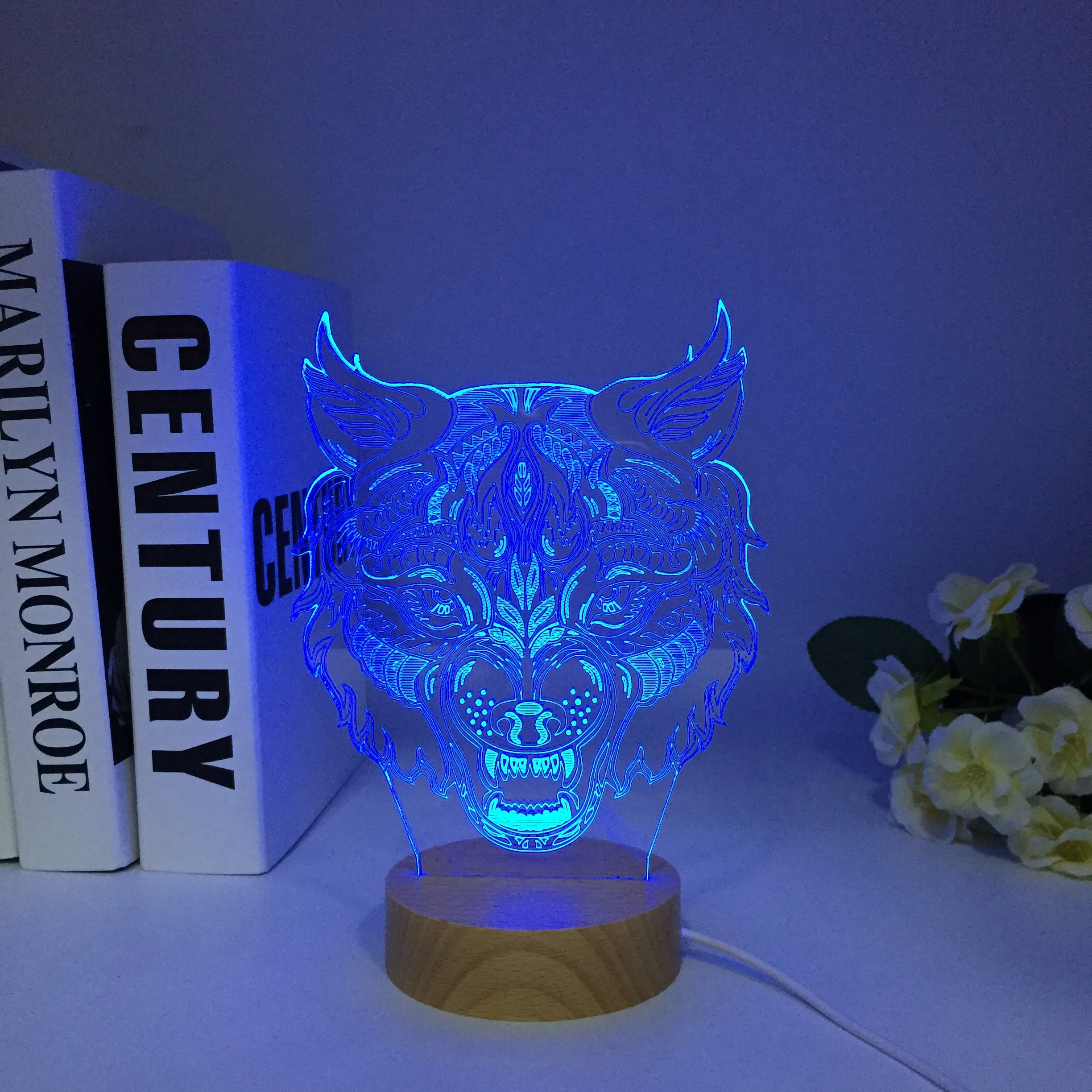 Lobo de madeira 3D LED Night Light for Kids, Touch Illusion, 7 Color Changing, USB Table Lamp, Nightlight, Decoração do Quarto, Presente