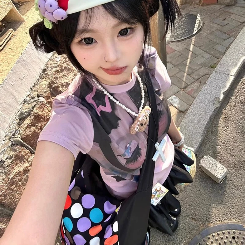 Japanese Pink Round Neck Women's Short-sleeved T-shirt Original 2025 Summer New Cartoon Print Slim Thin Hot Girl T-shirts Ladies