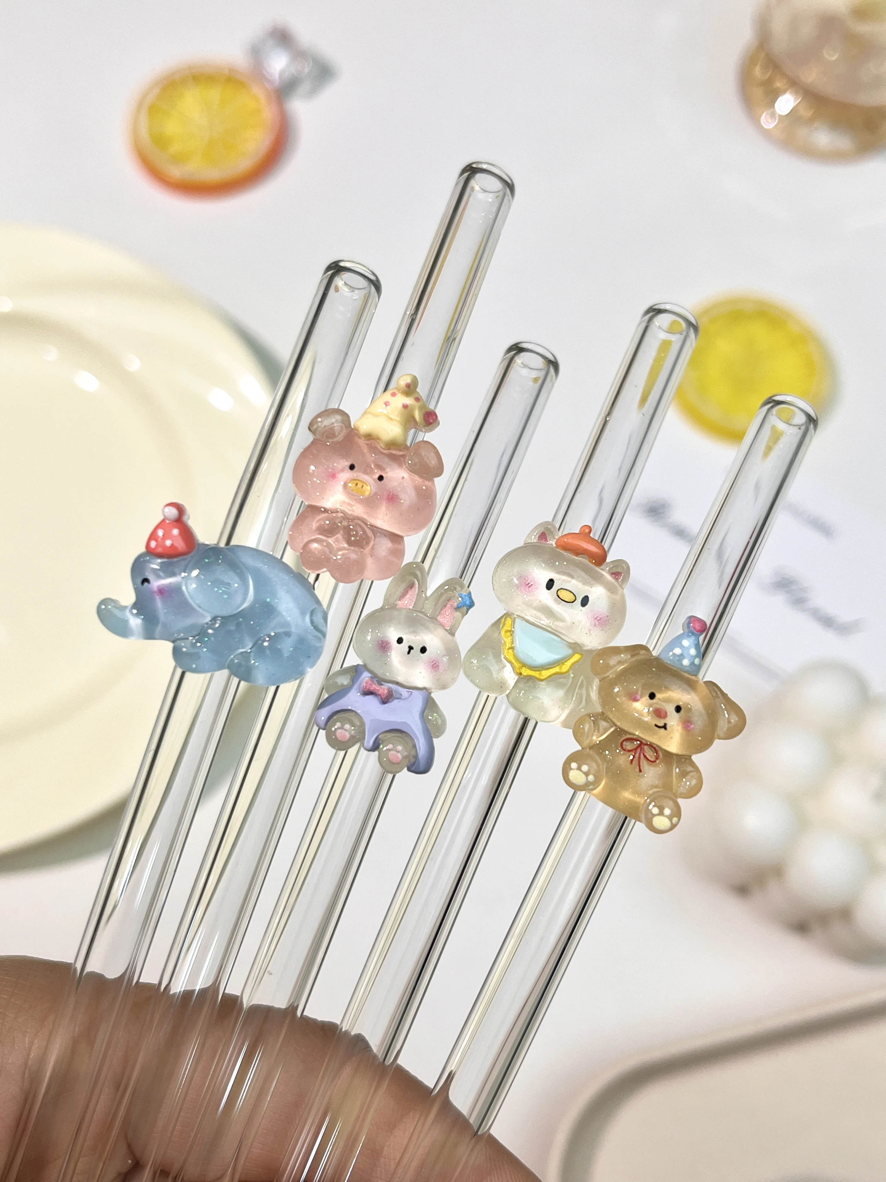 Juego de pajitas de vidrio con dibujos de animales, reutilizables para bebidas frías y calientes, perfectas para el hogar, la oficina, fiestas e como idea de regalo, 1/6 Uds.