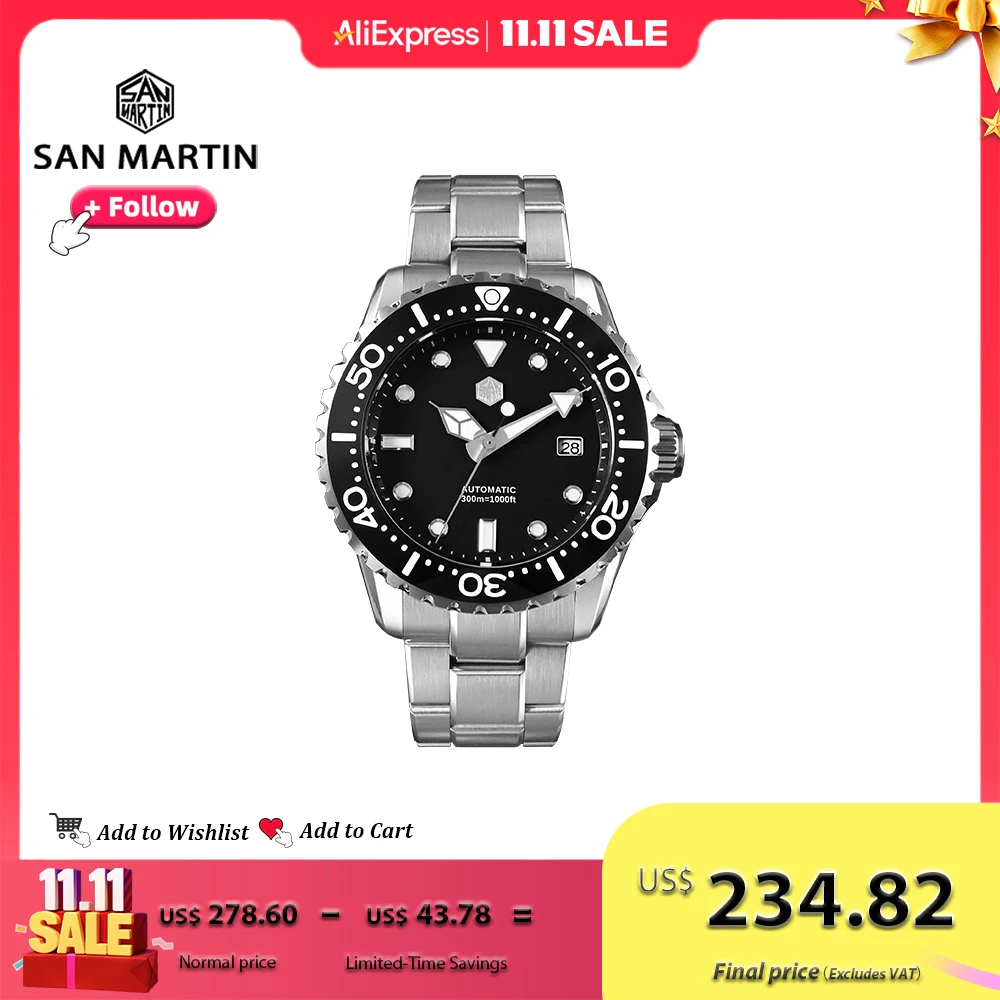 

San Martin 44mm Luxury Diver Watch Classic NH35 Automatic Mechanical Watches for Men Sapphire BGW-X1 Waterproof 20Bar SN0009