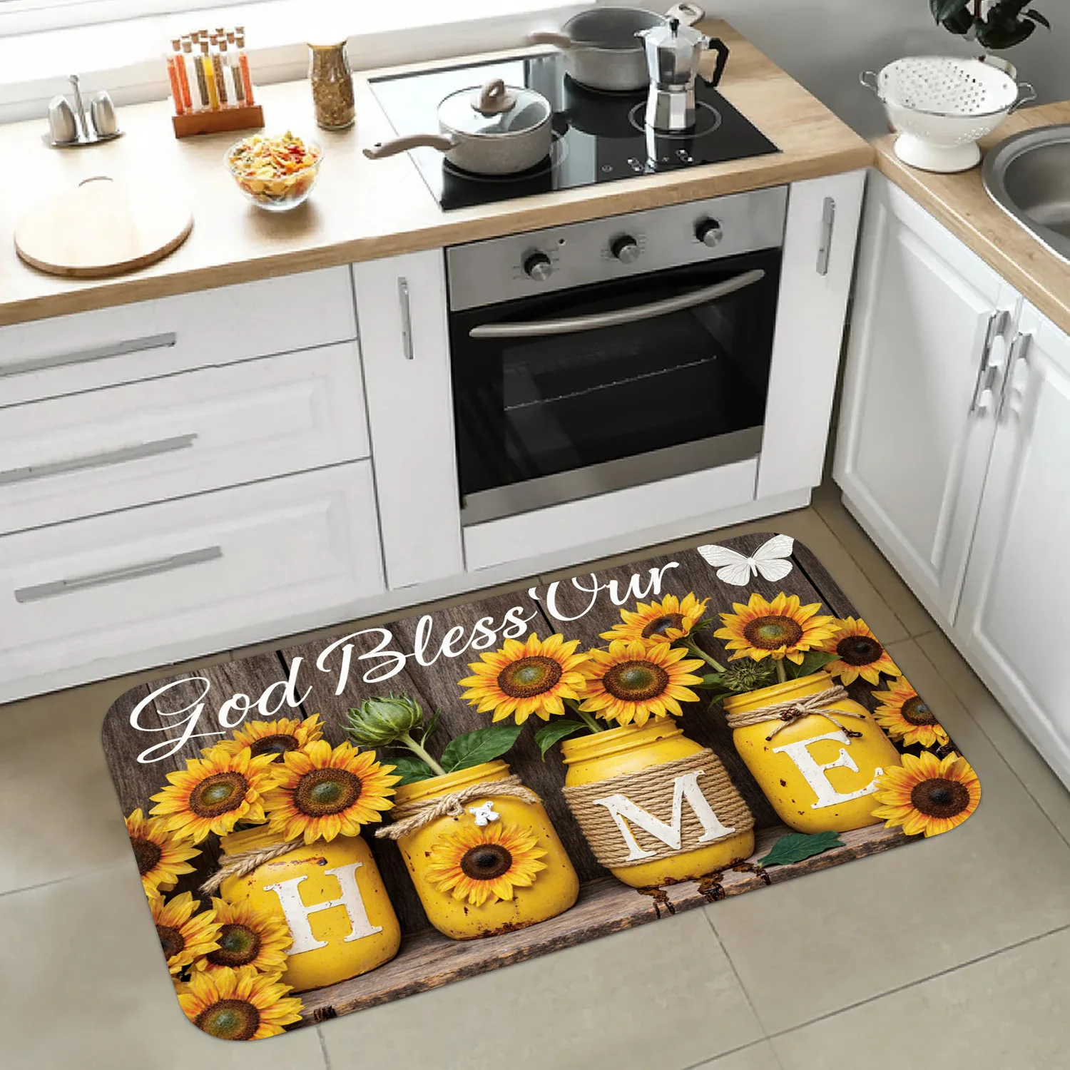 Vintage Farmhouse Kitchen Rug  Yellow Sunflower Glass Jar Letter Design God Bless Our Home Country Style Entry Floor Mat