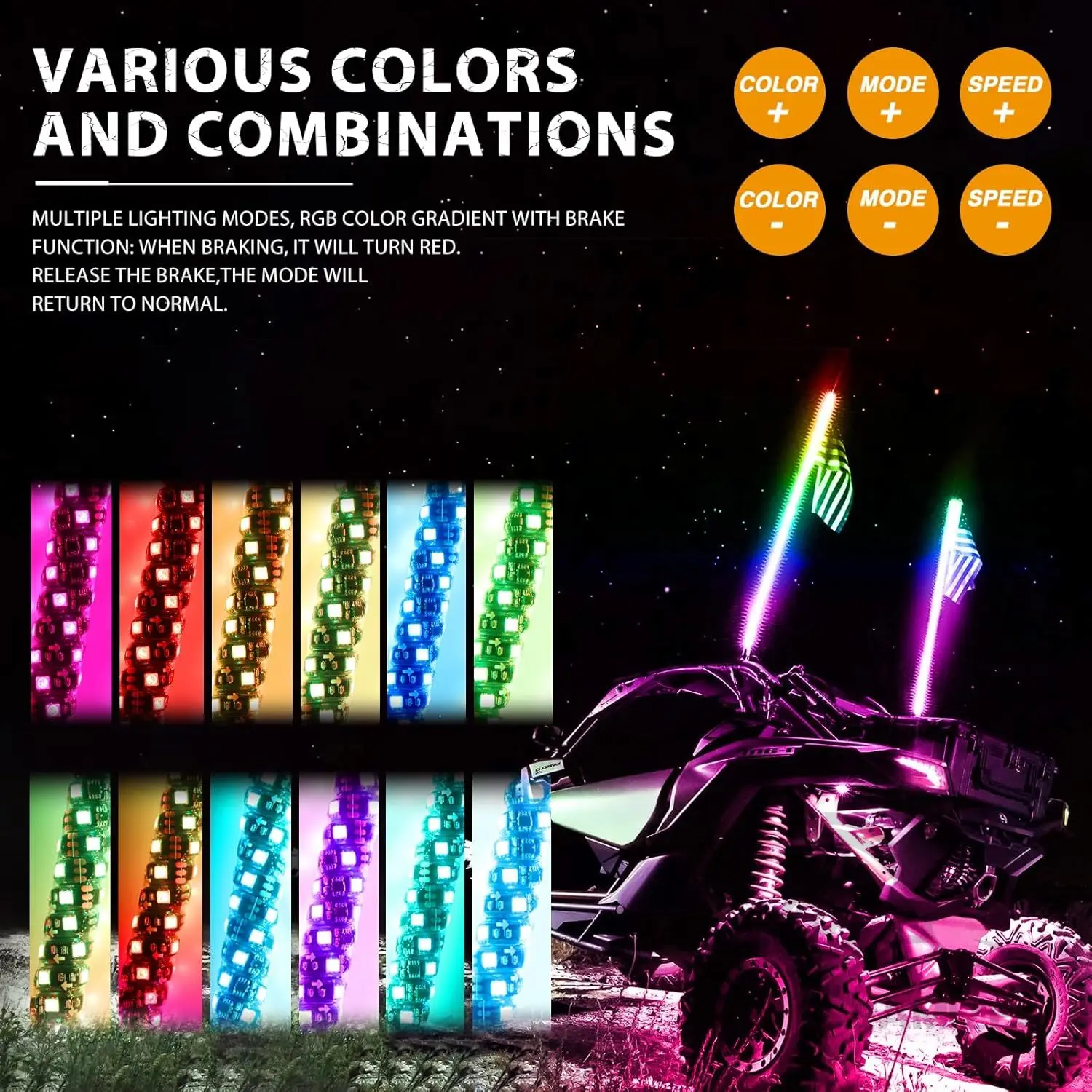 2Pcs 1FT RGB LED Whip Lights for UTV ATV Spiral Whip Lights for Side by Side with Wireless Remote and APP Control Whips Antenna