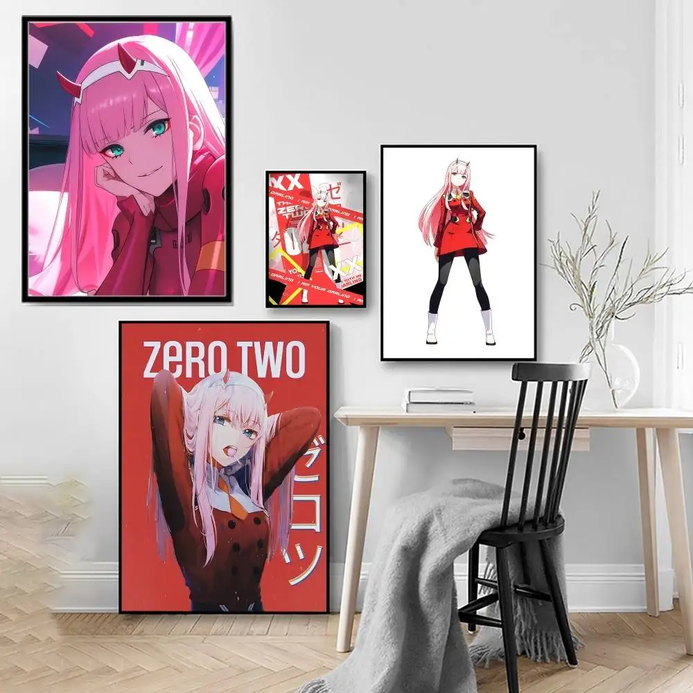 Darling In The Franxx Zero Two Hochwertiges Druckposter, wasserdichte Wandkunst, Filmposter für Wohnzimmer, Schlafzimmer, Retro-Dekor, Geschenk