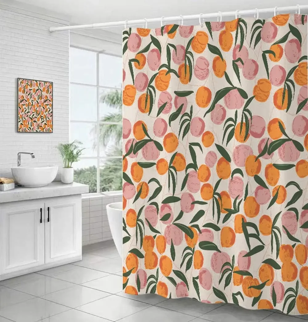 Pink Cute Peach Shower Curtain for Girly Bathroom,Orange Fruit Floral Colorful Bathroom Curtain Set Waterproof Fabric with Hooks