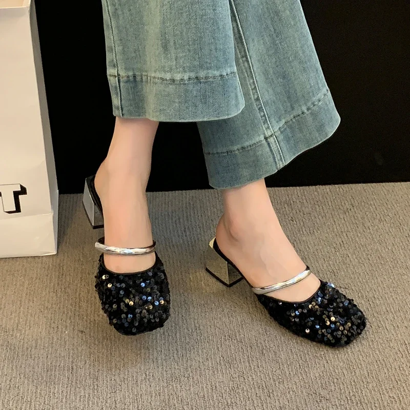 

Женские сандалии, модные женские тапочки на высоком каблуке с блестками, весенне-осенние элегантные модные тапочки высокого качества