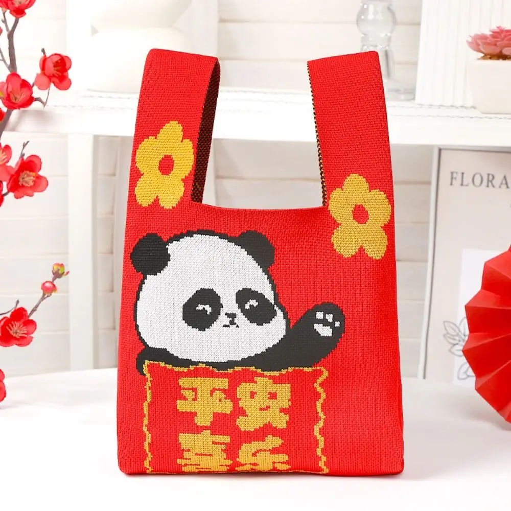 

Animal Panda Knot Wrist Bag Letter Flower New Year Knitted Bag Wool Bucket Bag Storage Bag Cartoon Square Tote Bag Children