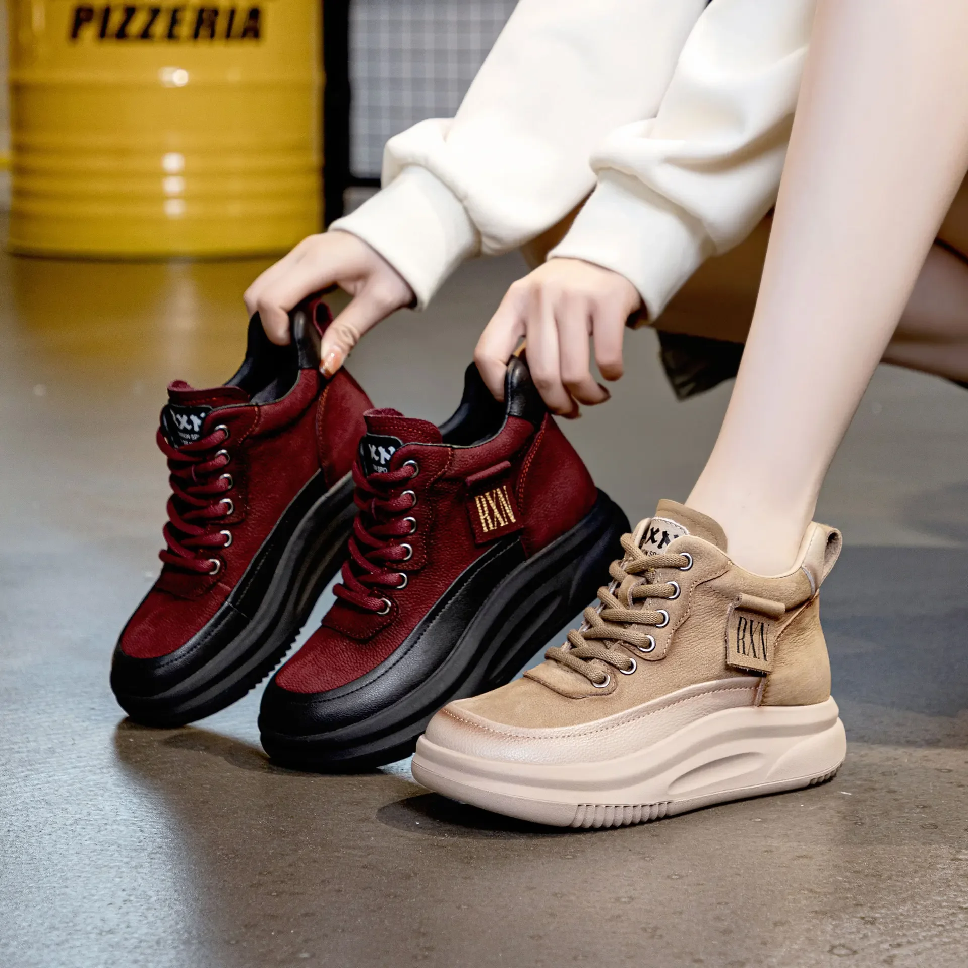 Fujin 4.5cm Genuine Leather Ankle Boots Autumn High Brand Women Platform Wedge Spring Winter Ladies Plush Chunky Sneaker Shoes