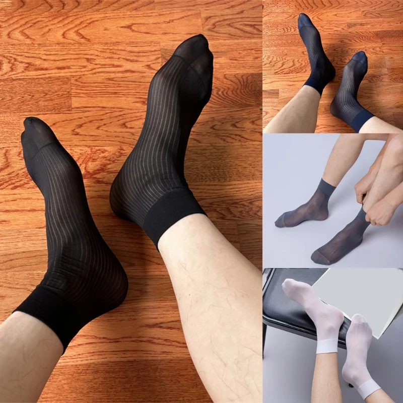 Men's Business Dress Socks Breathable Thin Nylon Striped Sheer Short Tube Socks