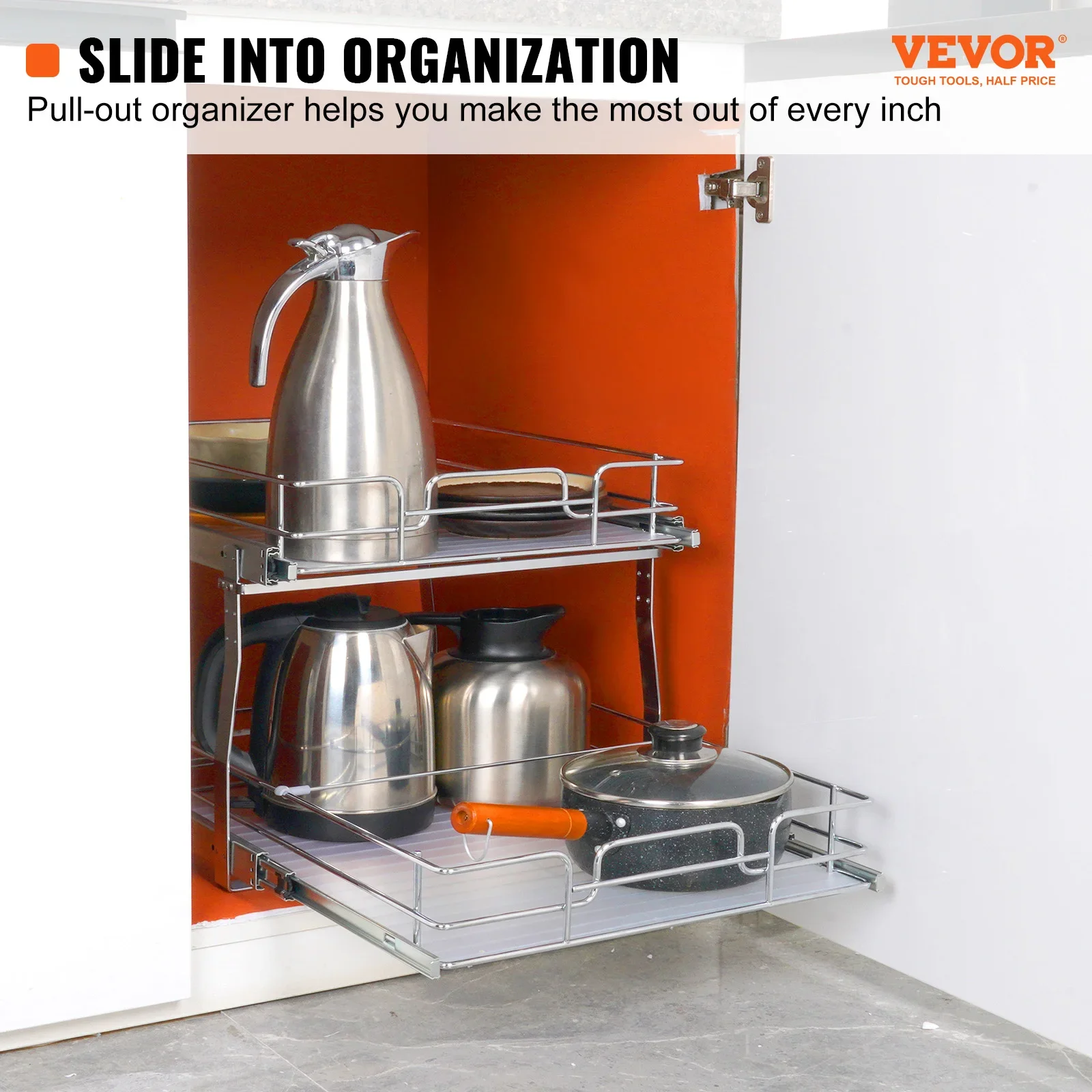 VEVOR Pull Out Cabinet Organizer, Chrome-Plated Steel Roll Out Drawers, Sliding Drawer Storage for Inside Kitchen Cabinet