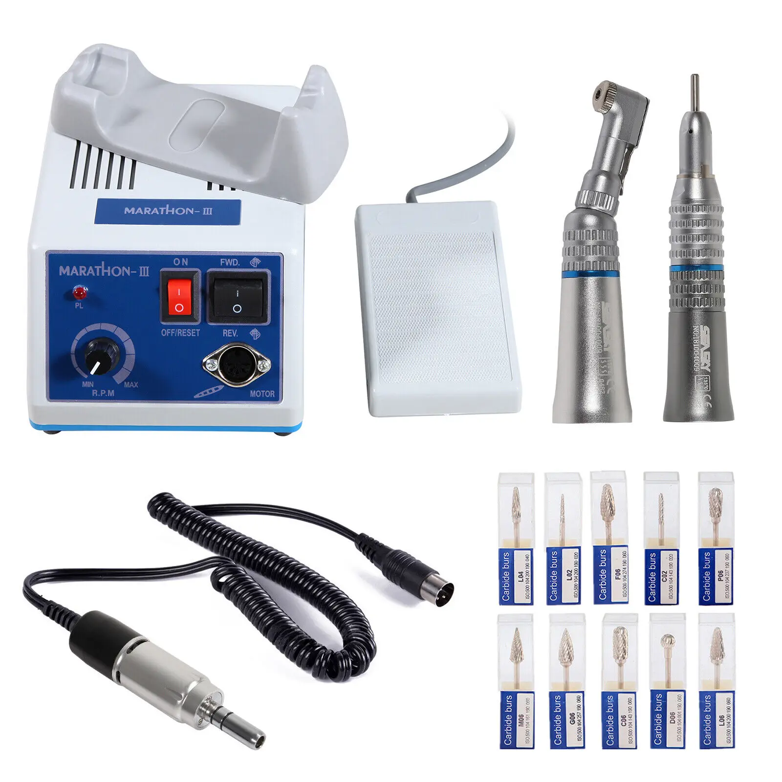 

Dental Lab Marathon Electric Micromotor Kit + Contra Angle Straight Handpiece M-III+10PCS Tungsten Carbide Drill Burs