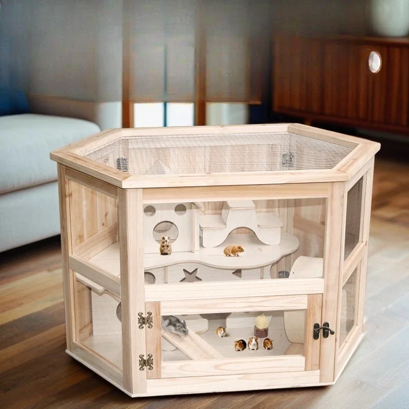 Hamster cage anti-prison break acrylic transparent double-layer solid wood landscaping oversized cage