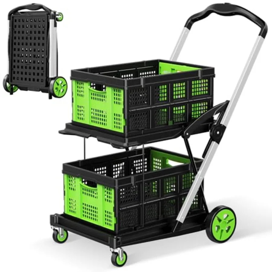 

8-in-1 200LBS Collapsible Shopping Cart Multi Functional Utility Cart with 2 Storage Crate Adjustable Handle Grocery Cart on Wh