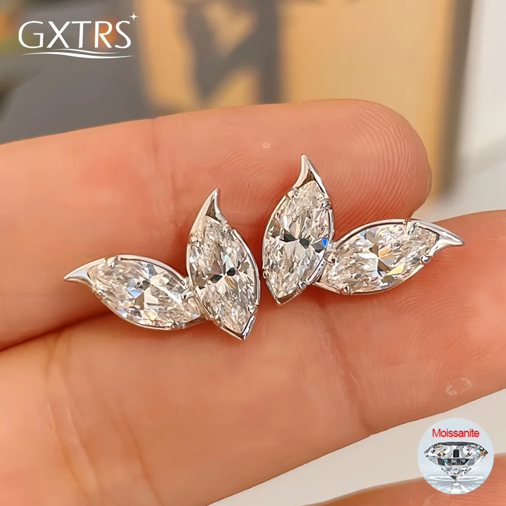 

GXTRS 2 Leaves 4CTTW Moissanite Stud Earrings For Women S925 Silver Marquise Cut Lab Diamond Ear Stud Party Wedding Fine Jewelry