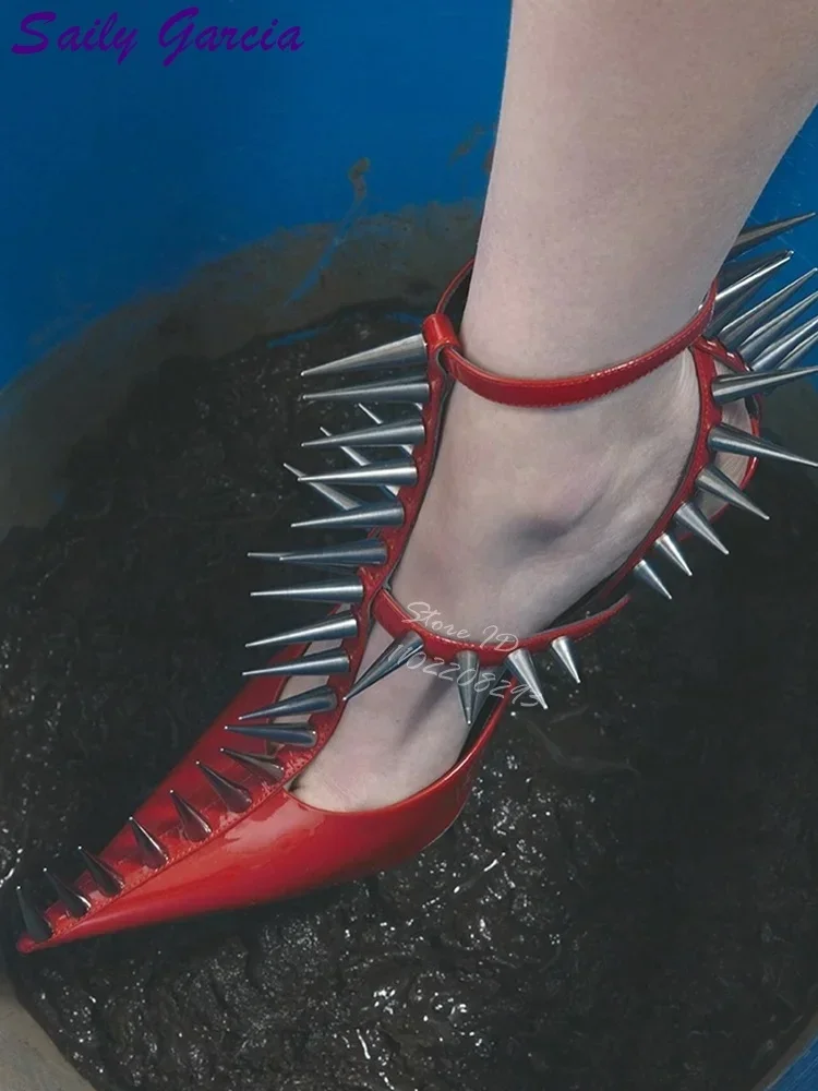 

Sexy Rivets Stiletto Pumps Pointed Toe Spiked Shallow Thin Heels Buckle Straps Fashion Shoes 2025 Women Summer New Punk Style