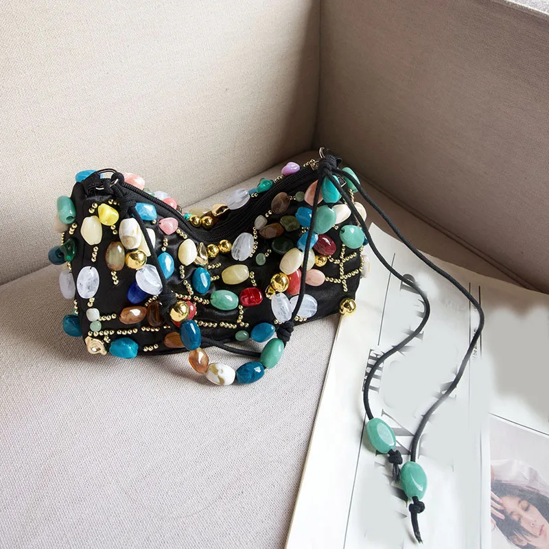

Bohemian Beading Shoulder Bag For Women French Casual Fashion Vacation Style Colorful Stone Decoration Luxury Design Handbags