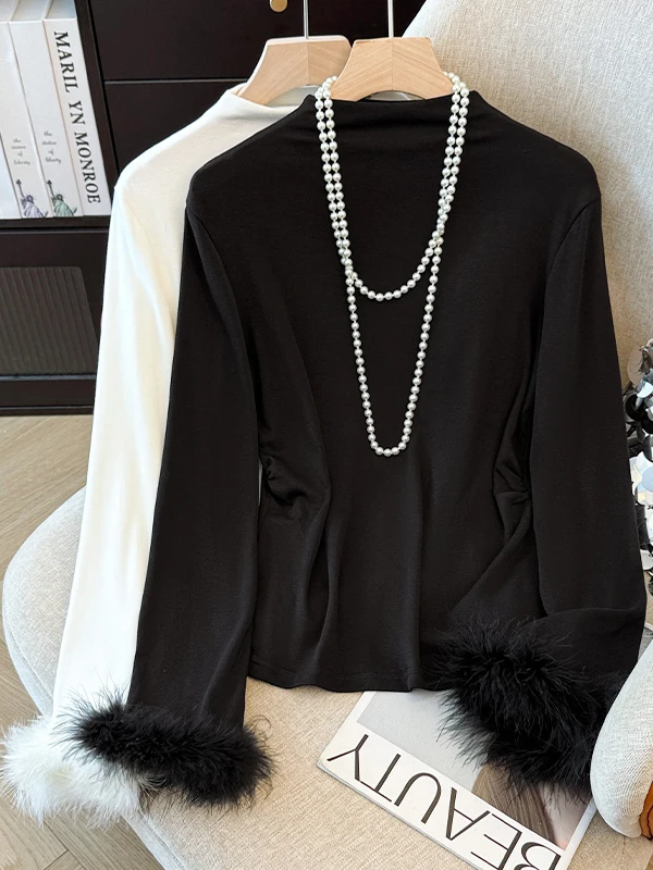 

Женская свободная футболка Long Sve Base irt f с высоким воротником Furry Sve, осень-зима, новинка, простой, повседневный, для похудения