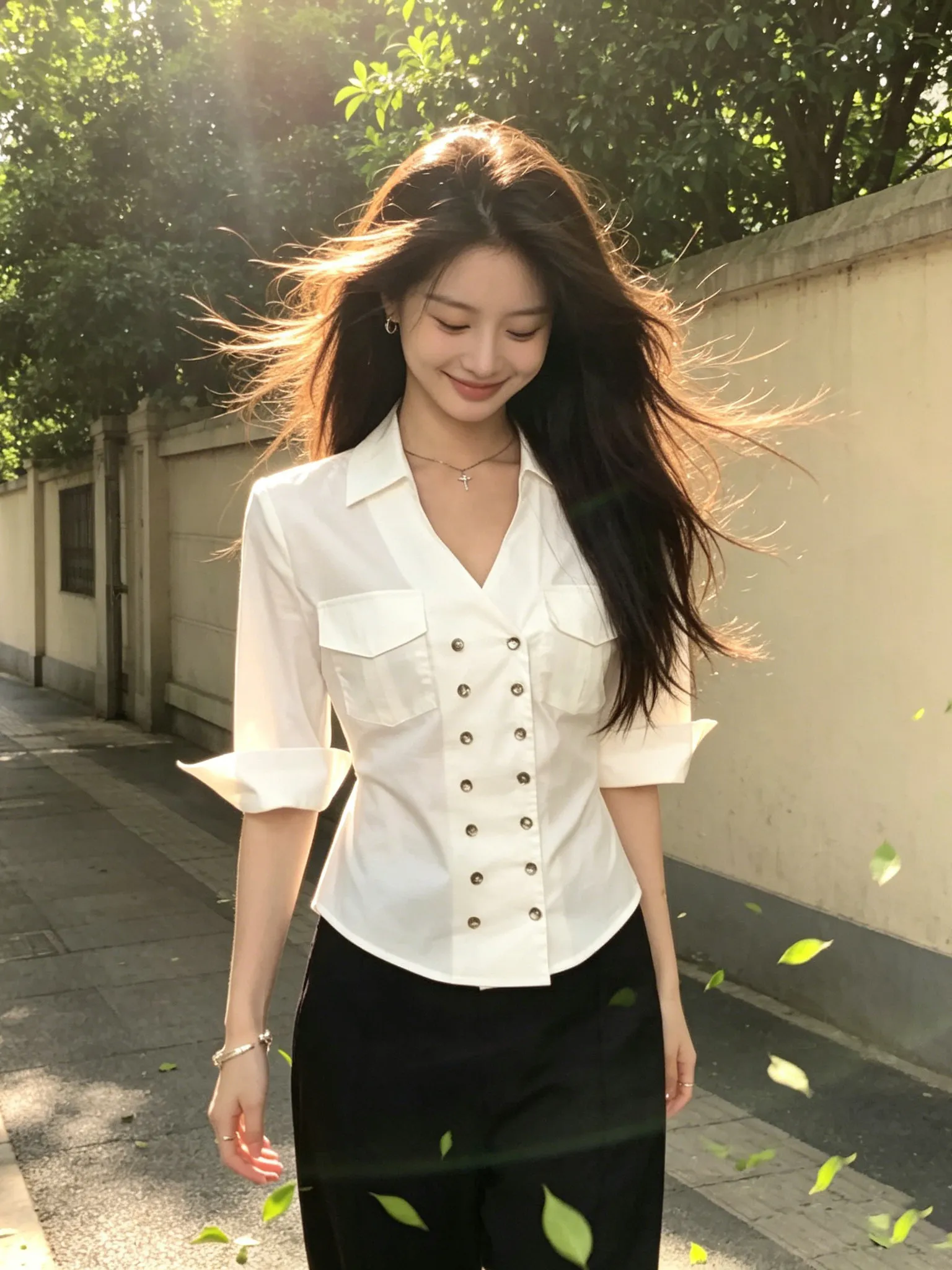 

Slim Fit Neck Short Sleeve Shirt Women's Summer Style Button up Top Waist Cinching Commute Five Sleeve Length Blouse