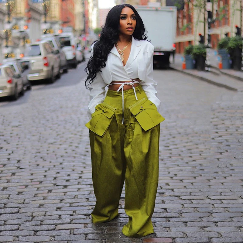 

Streetwear Loose Solid Removable Pocket Trousers Vintage Patchwork High Waist Wide Leg Cargo Pants for Women Full Length Pants