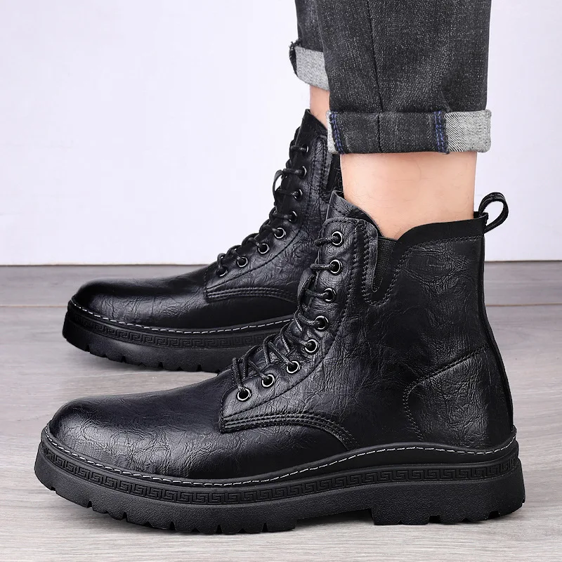 Warm Men Winter  Holes Lace-Up Middle Couple Boots Trending Leather Motocycle Shoes Snow Non Slip Botas De Mujer Size 36-47