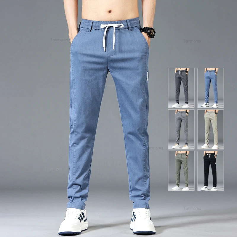 Spring Summer Men's Casual Pants Fashion Thin Elastic Waist Korean Style Business Slim Straight Trousers Blue Gray Green Khaki