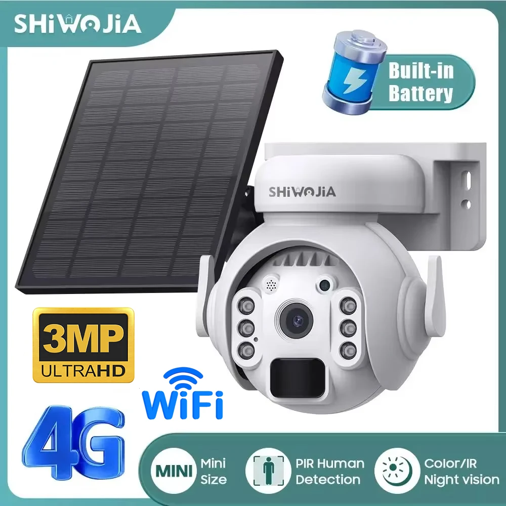 SHIWOJIA 3K 3MP 4G SIM Camera Solar Panel Security PTZ Camera Night Vision PIR Human Detection Surveillance Solar Battery Camera