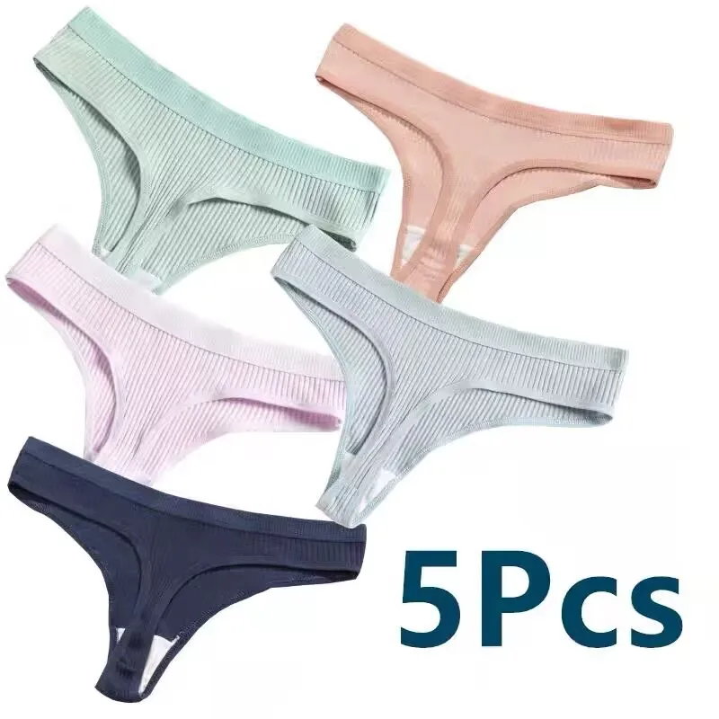 Strings en coton pour femmes 5 pièces/ensemble, culotte femme, lit deau taille basse G-String dames Sexy Bikini fille doux S-XL intimes