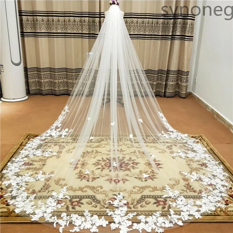 Uma camada de véu do casamento com pente, véus nupciais, marfim Appliqued catedral, borda branca do laço, foto real, 3m, 4m, 5m