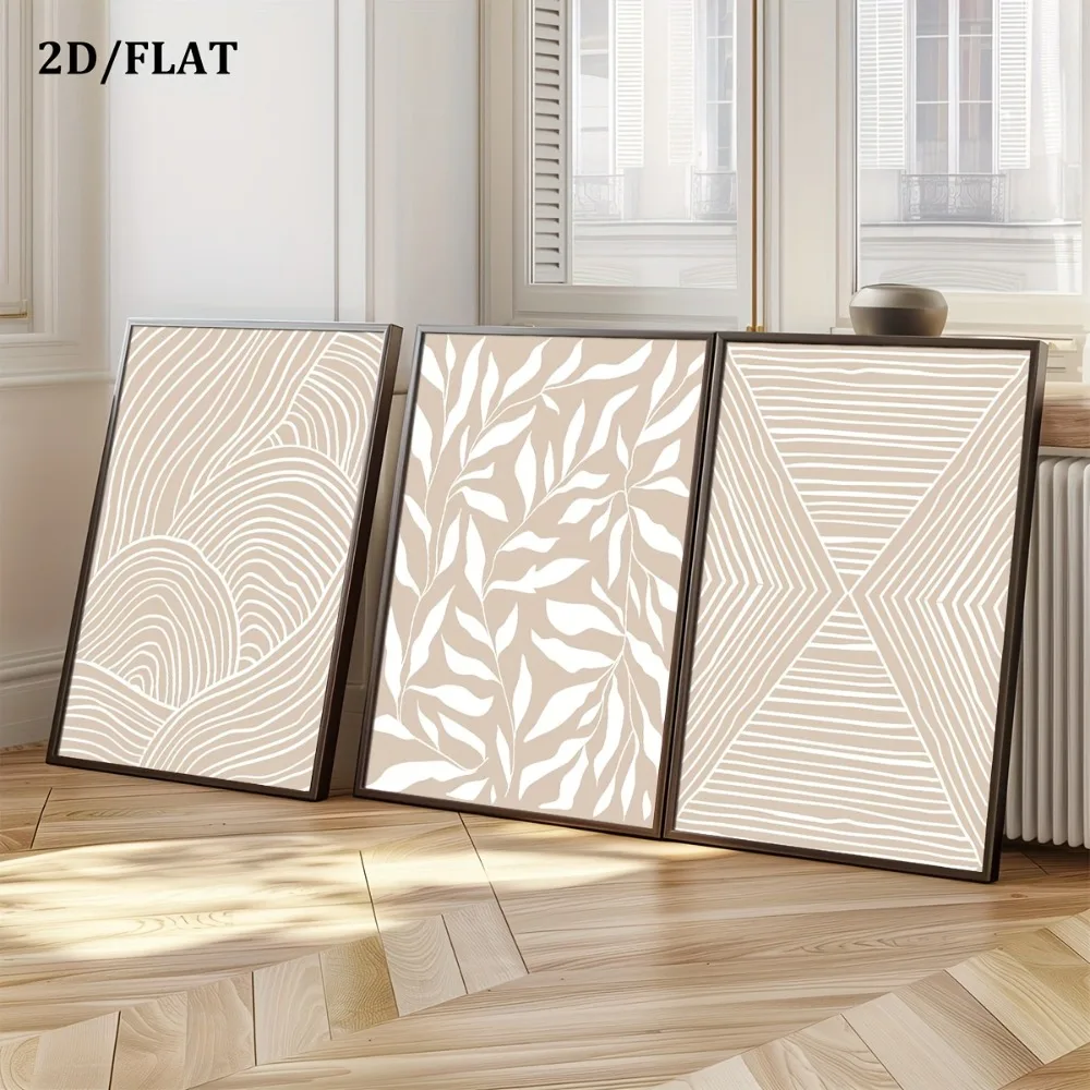 3 قطع من الجداريات التجريدية البيجية المحايدة وأنماط النباتات الهندسية، النمط البوهيمي، لتزيين غرفة المعيشة وغرفة النوم