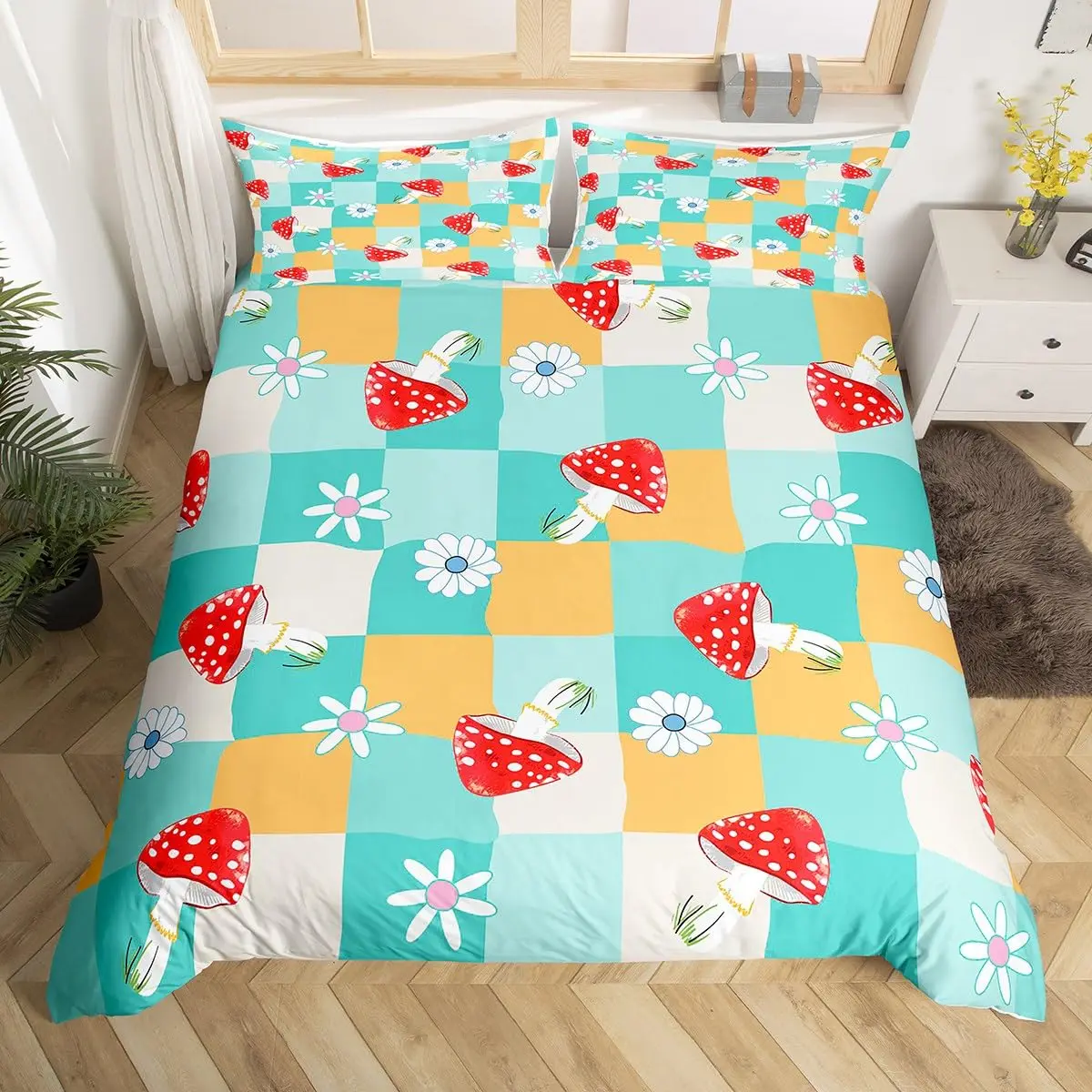 Retro 60s 70s Groovy Flower Duvet Cover,Colorful Hippie Floral Bedding Set Queen,Cartoon Rainbow Mushroom Daisy Comforter Cover