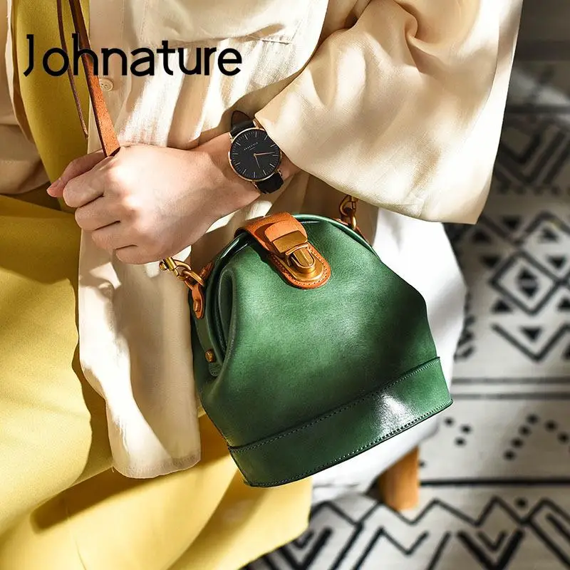 Johnature Handmade Natural Real Leather Doctor\'s Bag Women 2024 New Literature And Art Vintage Cowhide Shoulder & Crossbody Bags