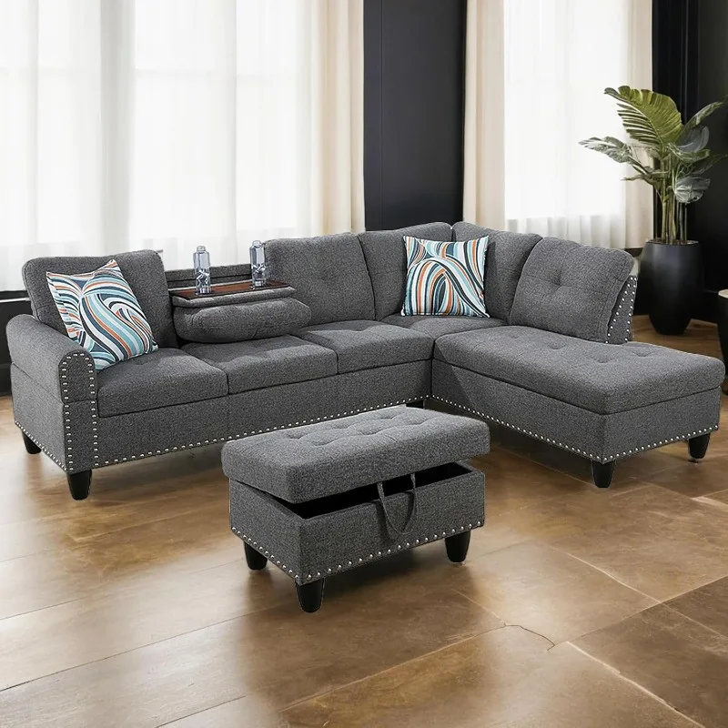 L Shaped Sofa with Ottoman Modern Sectional Couches for Living Room, Bedroom, Office, Grey-Belt Cup Holder