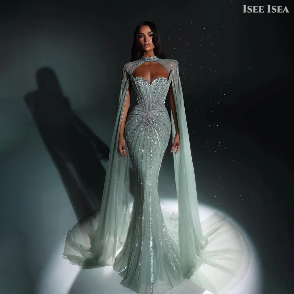 비즈 이브닝 드레스 여성 케이프 슬리브 두바이 فساتين سهرة 크리스탈 Bodycon 미인 대회 드레스 파티 가운 맞춤형