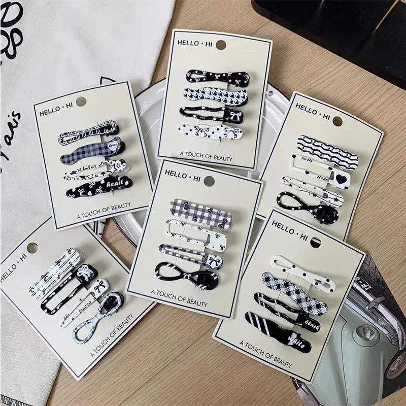 

Black White Printed Vintage Hair Clips Set New Sweet Cool Style Plaid Polka Dot Duckbill Clips Girls Bangs Side Hair Clips