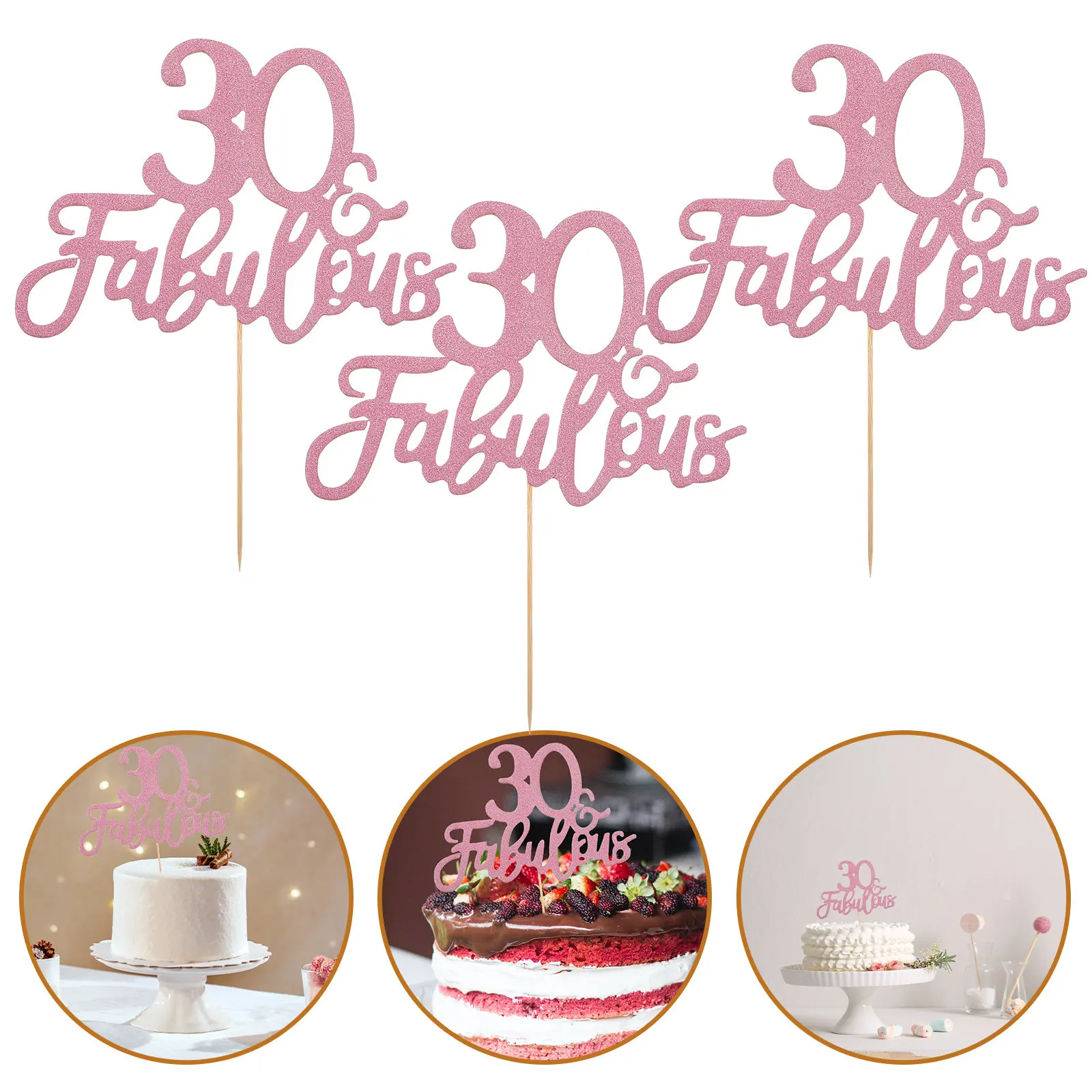 Juego de 3 Adornos para Pastel de Cumpleaños en Oro Rosa con Diseño Brillante para Celebración de 30 Años, Decoración para Mesa con Galletas y Donuts