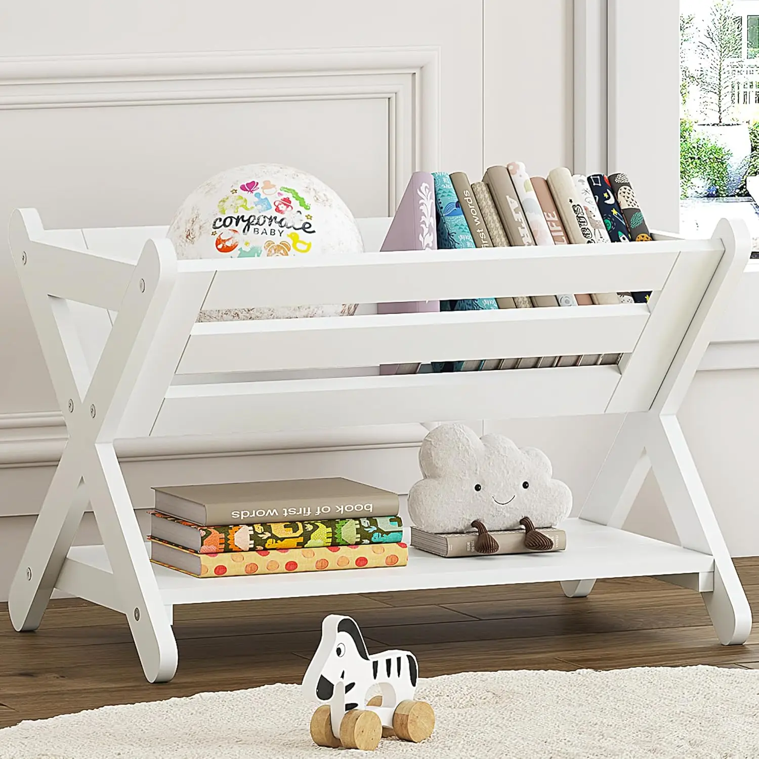 

Kids Bookshelf with Storage Caddy, Toddler Book Organizer for Bedroom, Playroom, Nursery in White