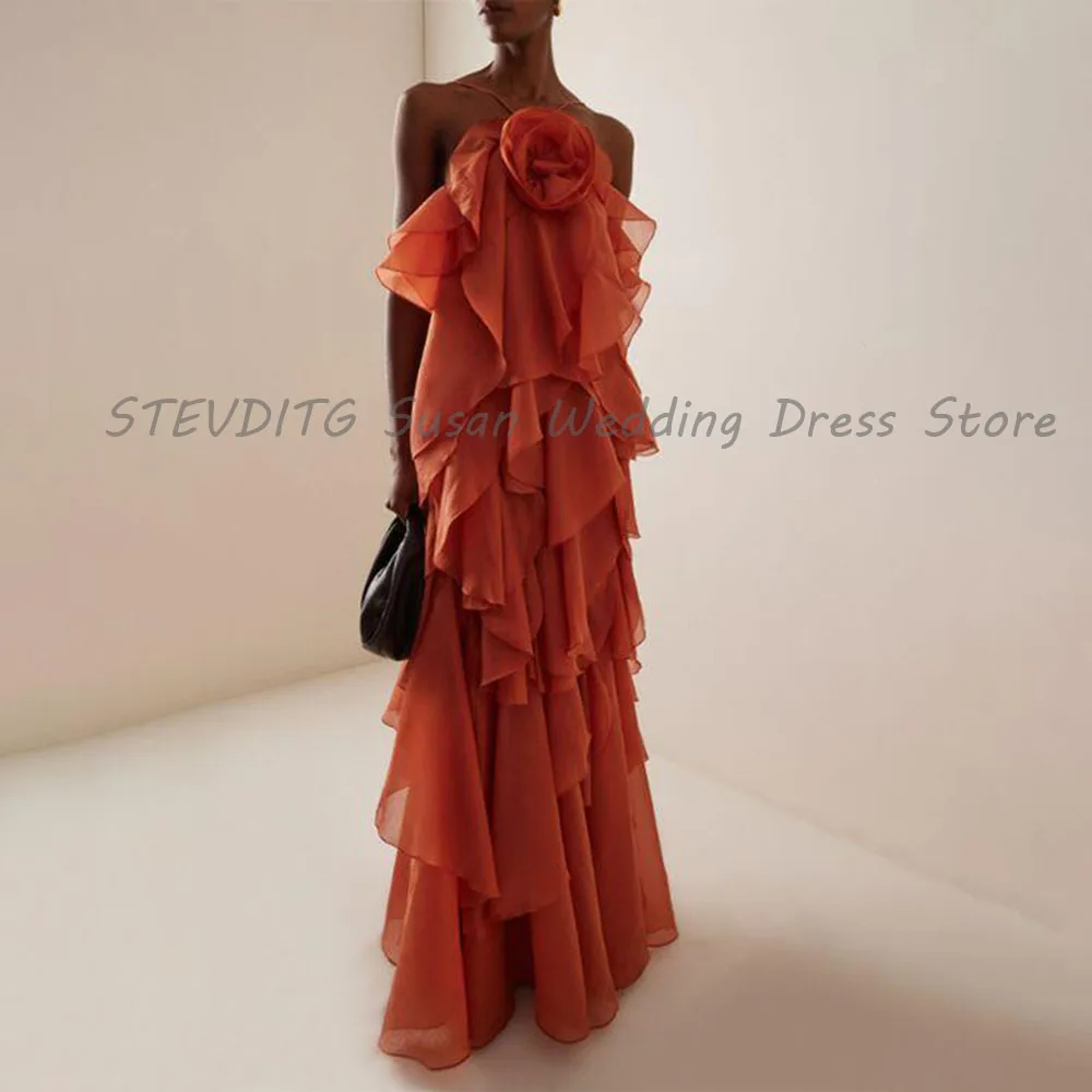 

Оранжевые вечерние платья женские с лямкой на шее без рукавов элегантные красивые многоуровневые плиссированные платья высокого качества длиной до пола женские платья сексуальные стильные