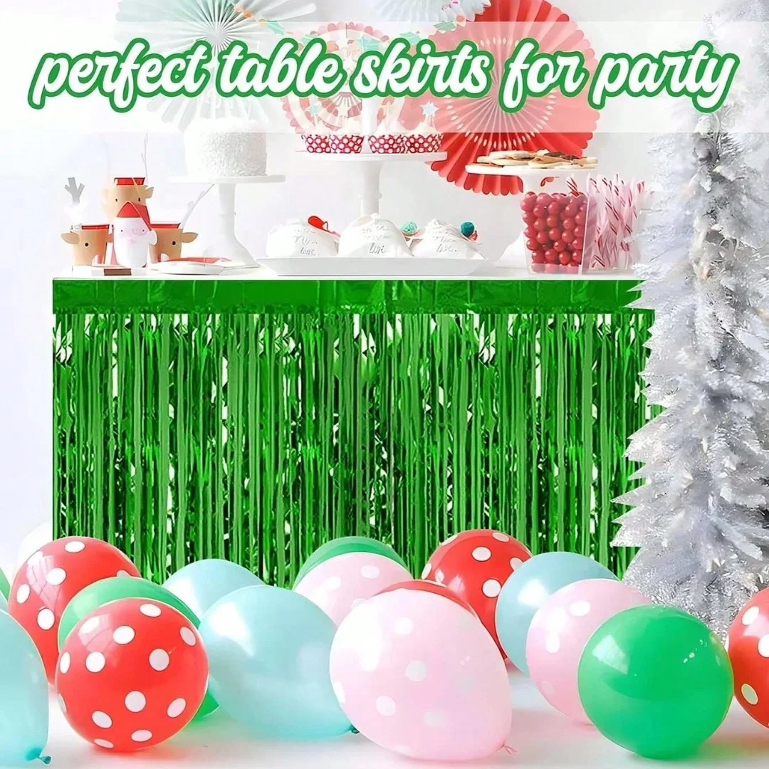 4pcs green metal foil trimmed tassel table skirt, green rope shaped curtain table skirt, tassel table skirt tassel string decora
