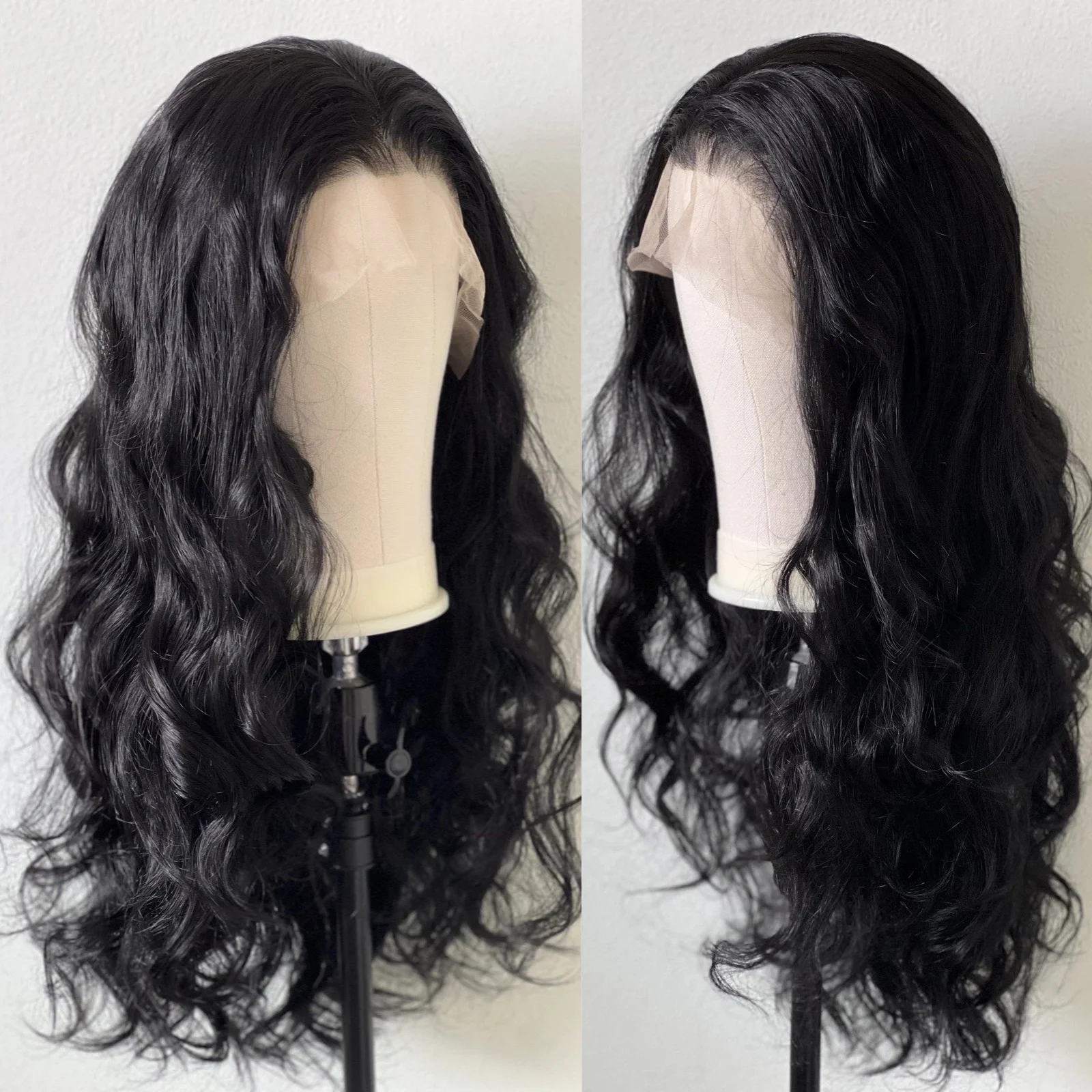 Wig Rambut Sintetis Model Body Wave Hitam Panjang 13X6 untuk Wanita, Free Part, Pre Plucked, Tanpa Lem, Keriting Bergelombang, untuk Sehari-hari, Pesta, Cosplay