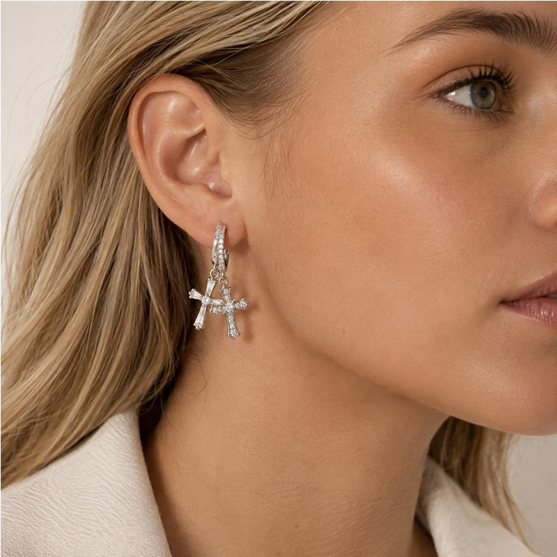 925 Sterling Silver Cross Hoop Earrings for Women CZ Huggie Earrings Double Cross Dangle Earrings Gothic Jewelry Fashion Gift