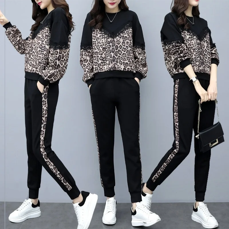 Fashion 2 Piece Sets Womens Outfits Leopard Pattern Hoodies Pullover And Pants Women\'s Tracksuit Elegant Winter Two Piece Set