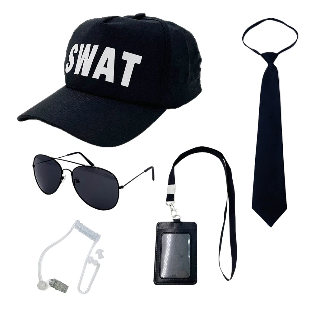 5pcs Role Playing Secret Agent Costume Dress Up Security Baseball Hat Black Sunglasses Work ID Earplugs Tie Set