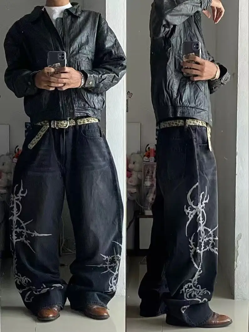 

Джинсы-багги в стиле Y2K с принтом, черные, в стиле Харадзюку, тренд для мужчин и женщин, хип-хоп, повседневные, универсальные, для пар, широкие штаны, уличная мода
