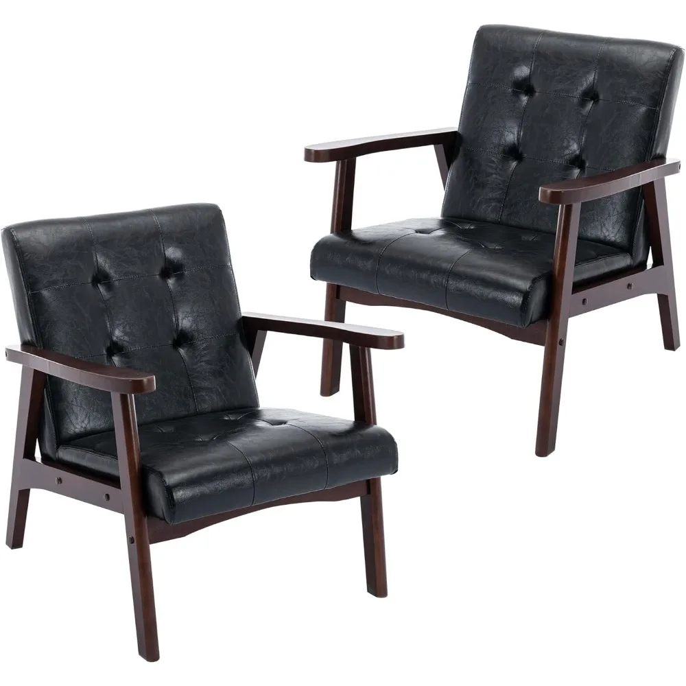 

Черные современные акцентные стулья середины века, набор из 2 шт. для гостиной, кресло из искусственной кожи с обивкой, удобное кресло в стиле ретро для спальни