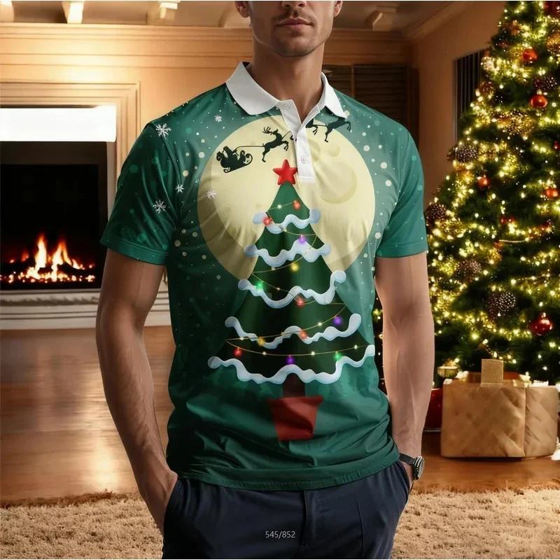 Men's Christmas Print Polo Shirt Unisex Oversized Adults Children Collar Casual Holiday Party Cool Men Women Top